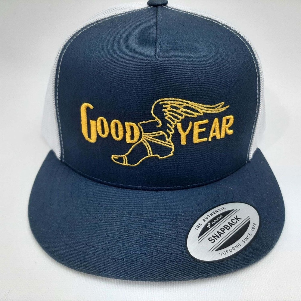 Goodyear Flat Bill Trucker Mesh Snapback Hat Cap Embroidered Blue White - Picture 2 of 4
